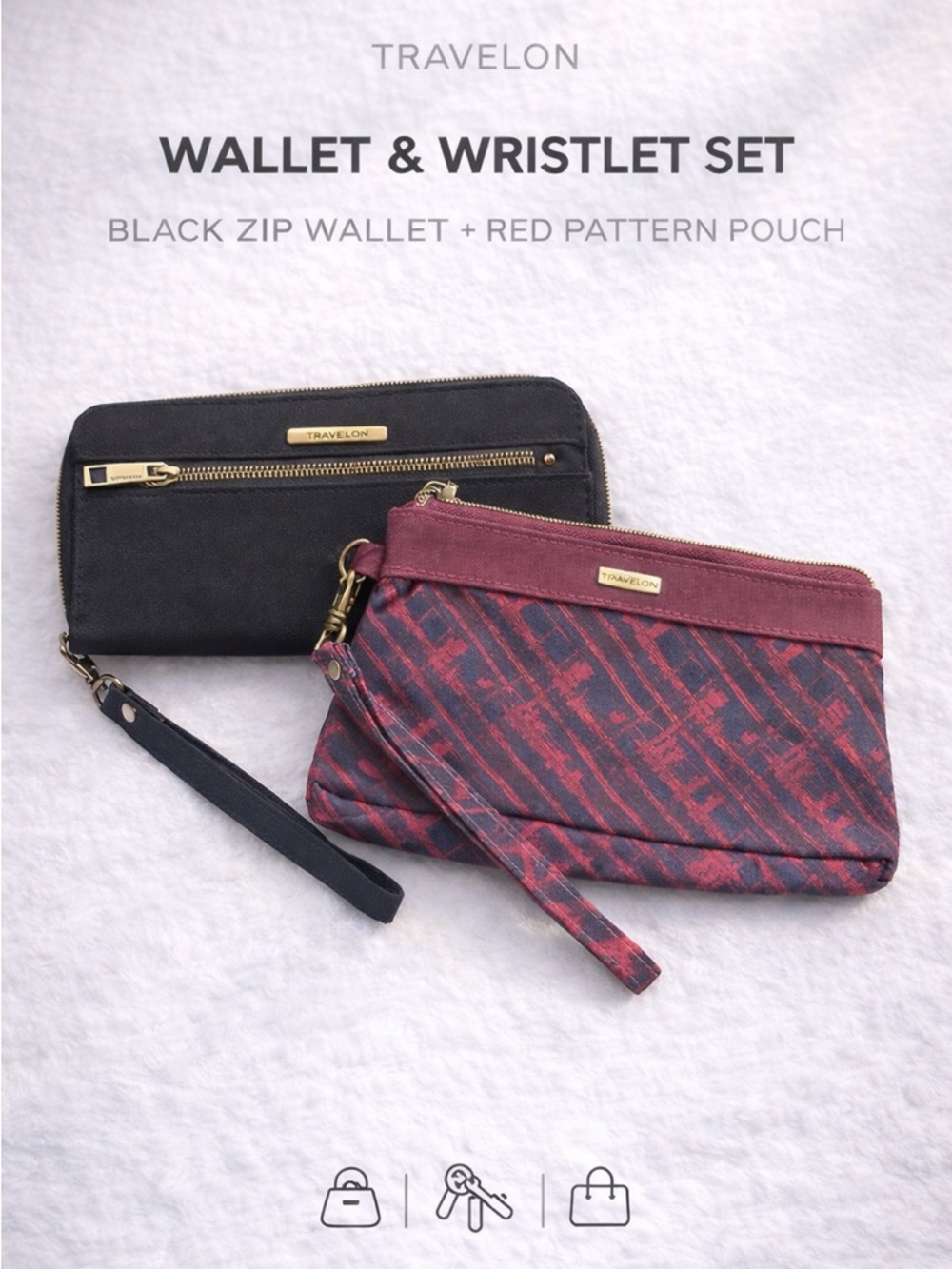 Travelon Wallet & Wristlet Set Black Zip Wallet Red Pattern Pouch